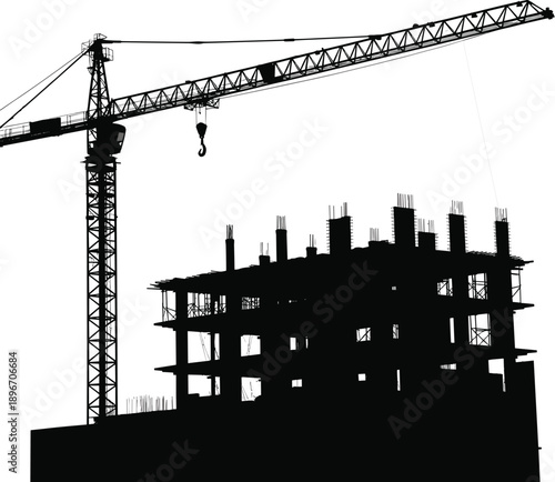 Tower crane silhouette lifting hook above unfinished building structure, urban construction site, civil engineering, industrial development concept illustration
