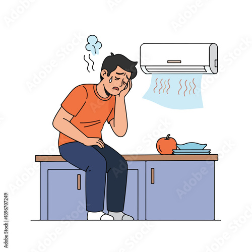 A man sits on a table under a broken AC