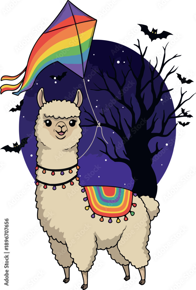 Fototapeta premium Cute Llama Flying Rainbow Kite At Night With Bats And Tree