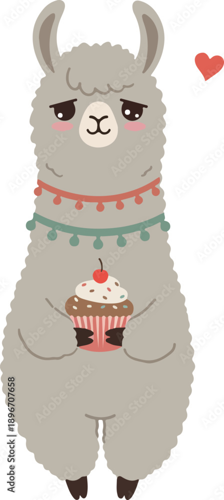 Fototapeta premium Cute Llama Holding a Cupcake Vector Illustration Isolated Object