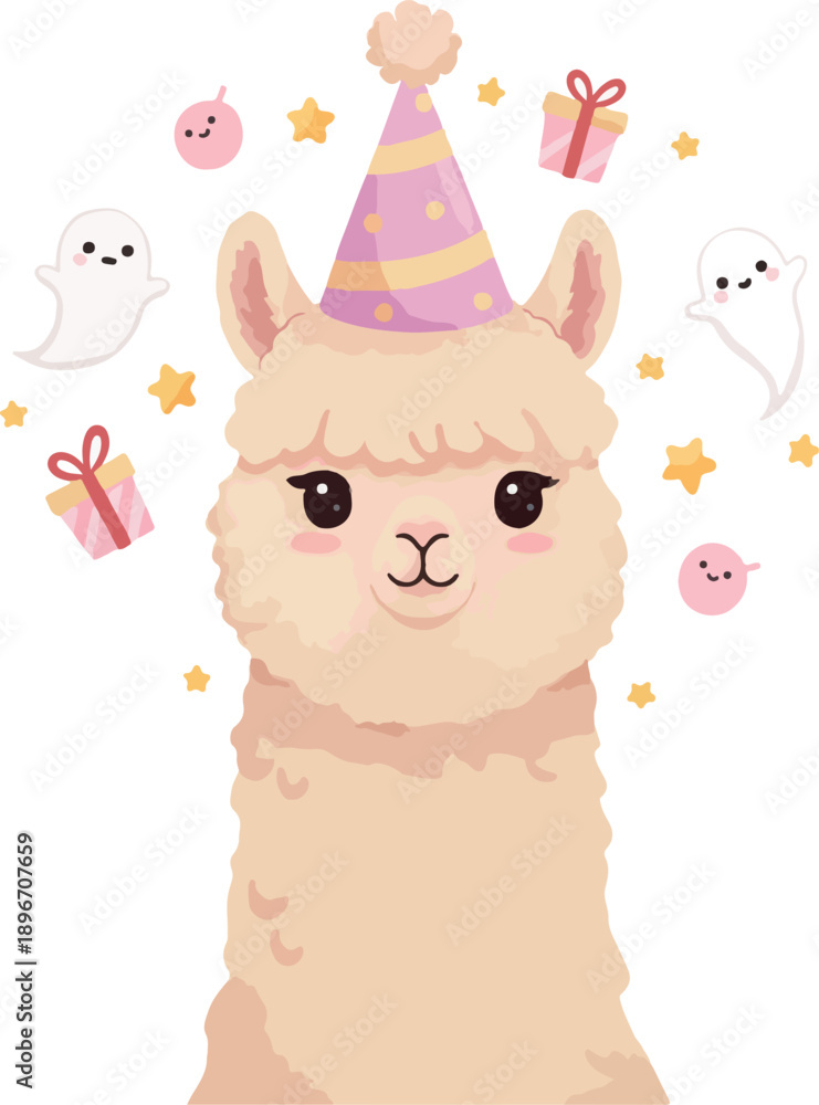 Fototapeta premium Cute Llama Birthday Party With Ghosts Gifts Stars Vector Illustration