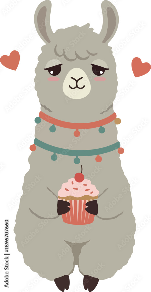 Obraz premium Cute Llama Holding Cupcake With Hearts Adorable Pet Vector Art