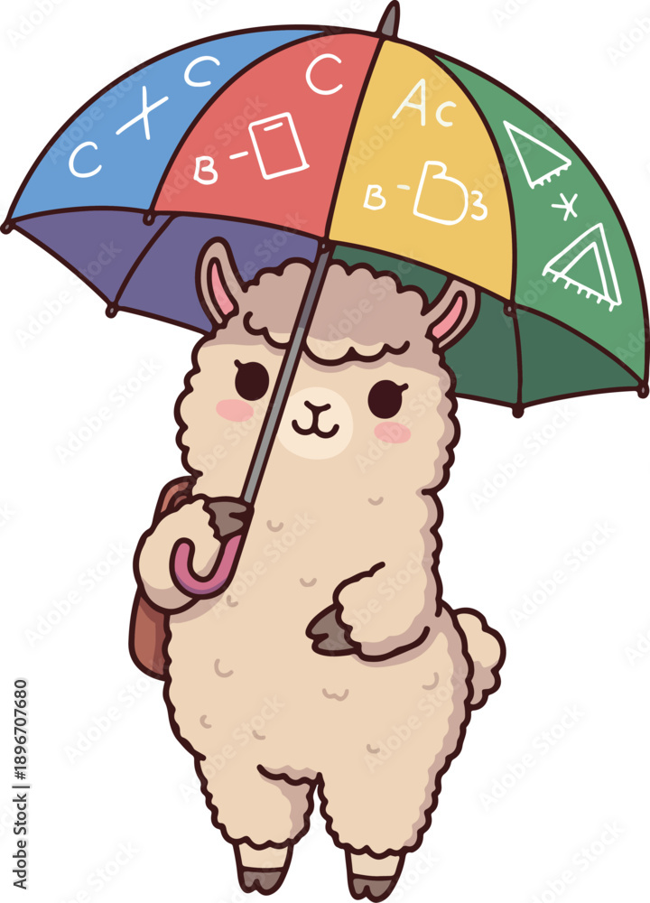 Obraz premium Cute Llama Holding Umbrella With Math Symbols And School Backpack