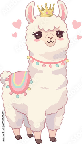 Cute Llama Princess Crown Pink Hearts Vector Illustration Kawaii Style