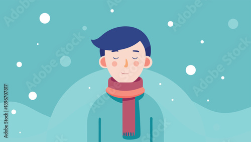 A serene and peaceful illustration of a person enjoying the winter scenery with snowflakes gently falling around them.