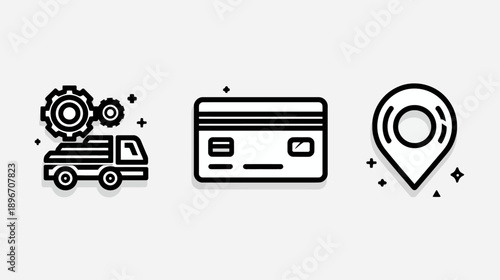E-commerce delivery and payment line icons set: logistics truck, credit card, and location pin for online shopping.