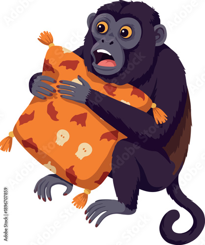 Cute Monkey Holds Orange Pillow with Pattern Isolated on White Background