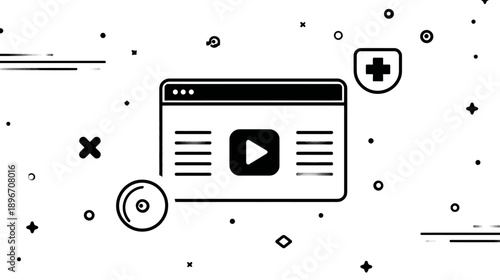 Digital Media Security and Online Video Content Concept with Web Browser, Play Button, and Protection Shield Icon