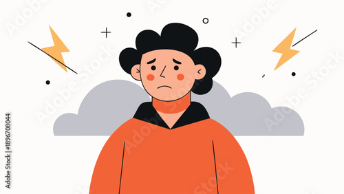 A worried person with a stressed expression stands in front of a stormy background, conveying feelings of anxiety and concern.