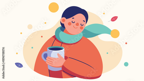 A person feeling cozy and warm while hugging a mug in a minimalist vector illustration, evoking feelings of comfort and relaxation.