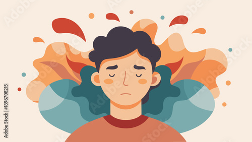 A minimal vector illustration of a person looking tired and stressed with a modern abstract background, conveying a sense of frustration and emotional overwhelm.