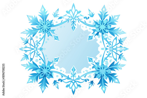 A beautiful circular frame composed of various detailed blue snowflakes, featuring a subtle gradient background within the frame, evoking a frosty winter feel.
