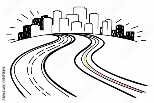 A graphic depiction of winding roads leading towards a stylized cityscape with buildings, symbolizing travel and urban development.