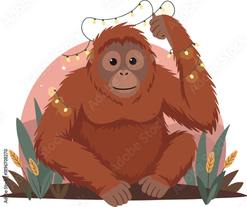 Cute Orangutan With Fairy Lights Minimal Illustration Vector