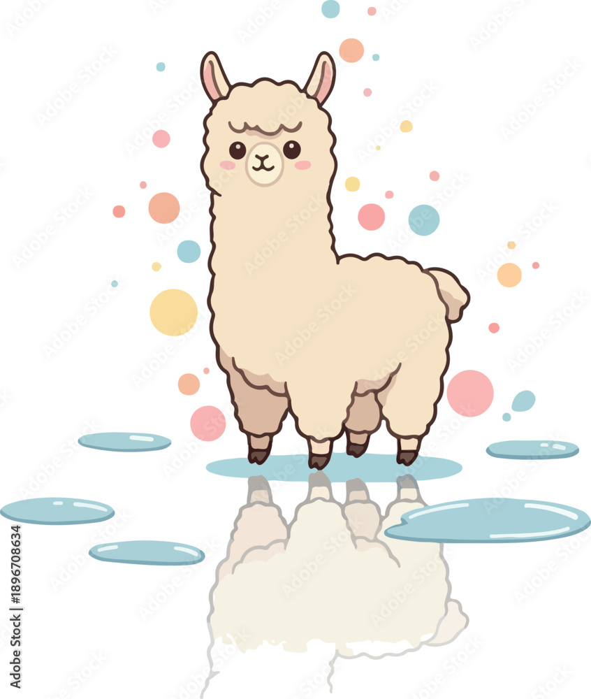 Obraz premium Cute Pixel Alpaca Standing on Water Puddles With Soft Pastel Circles