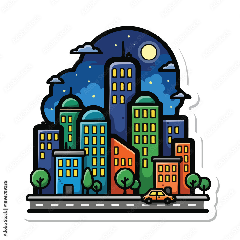 Obraz premium A nighttime cityscape with buildings, trees, and a car
