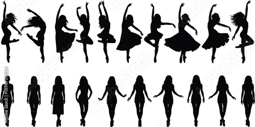 Female dancer silhouettes set showing ballet and modern dance poses, elegant women movement illustrations, black vector figures for performance art, 