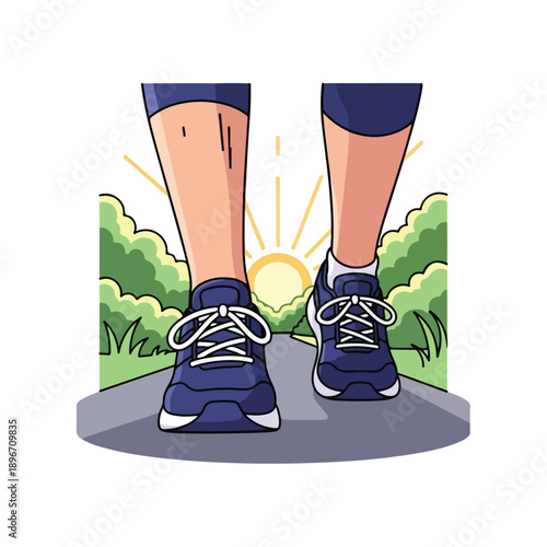 A person jogging on a path towards sunrise