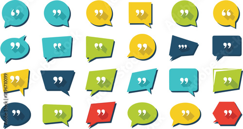 Large set of colorful quote bubbles and speech boxes with quotation marks and long shadows isolated on grey background for testimonials and reviews