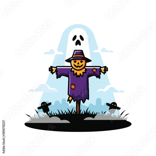 A scarecrow stands with ghost and bats on a spooky night