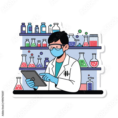 A scientist in a lab coat and mask examines a tablet