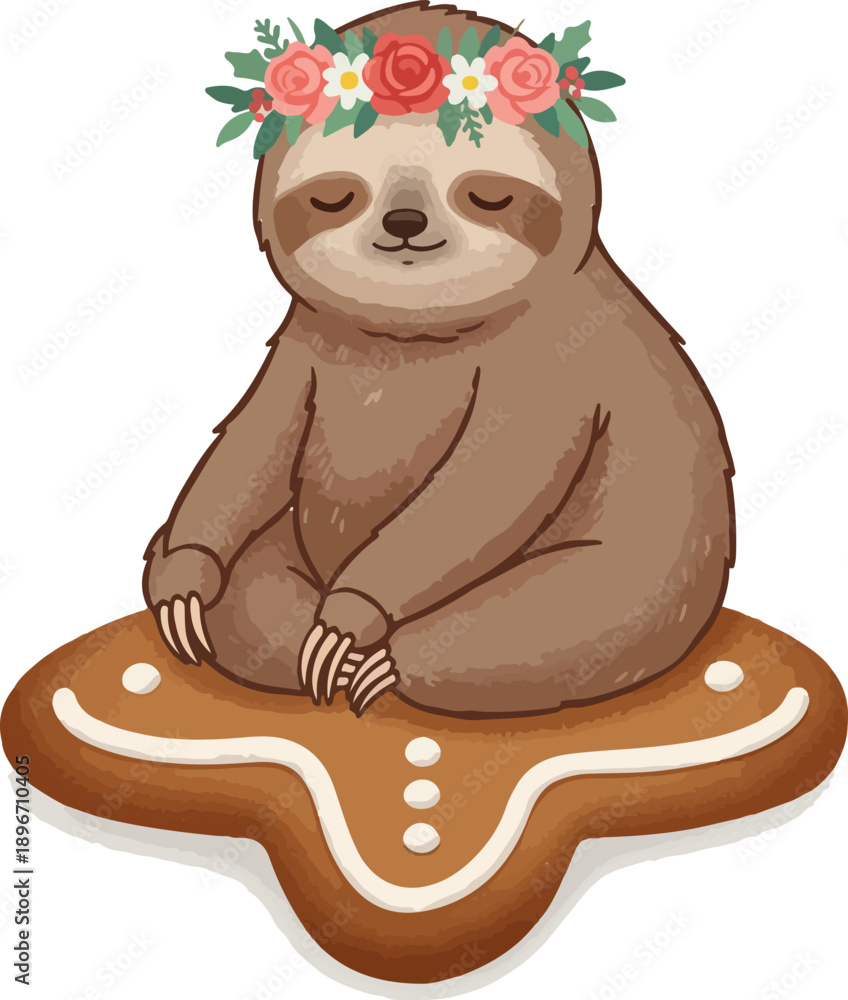 Fototapeta premium Cute Sloth Meditating On Gingerbread Cookie Wearing Flower Crown