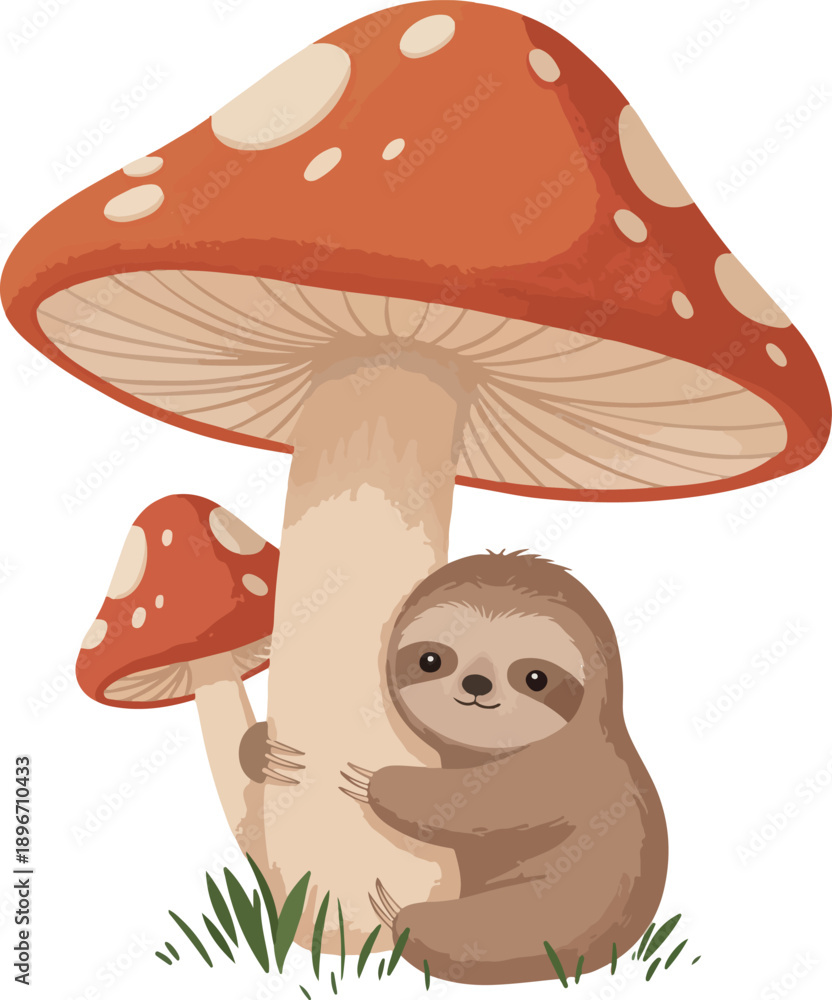 Fototapeta premium Cute Sloth Hugging Giant Mushroom Woodland Creature Vector Illustration