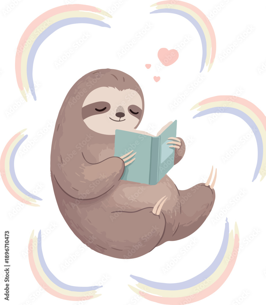 Obraz premium Cute Sloth Reads Book Surrounded by Pastel Rainbows