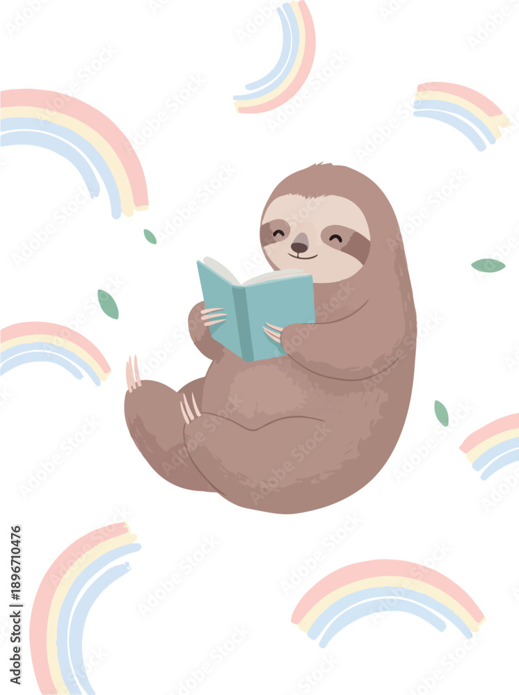 Fototapeta premium Cute Sloth Reading Book Surrounded by Pastel Rainbows Minimalist Illustration