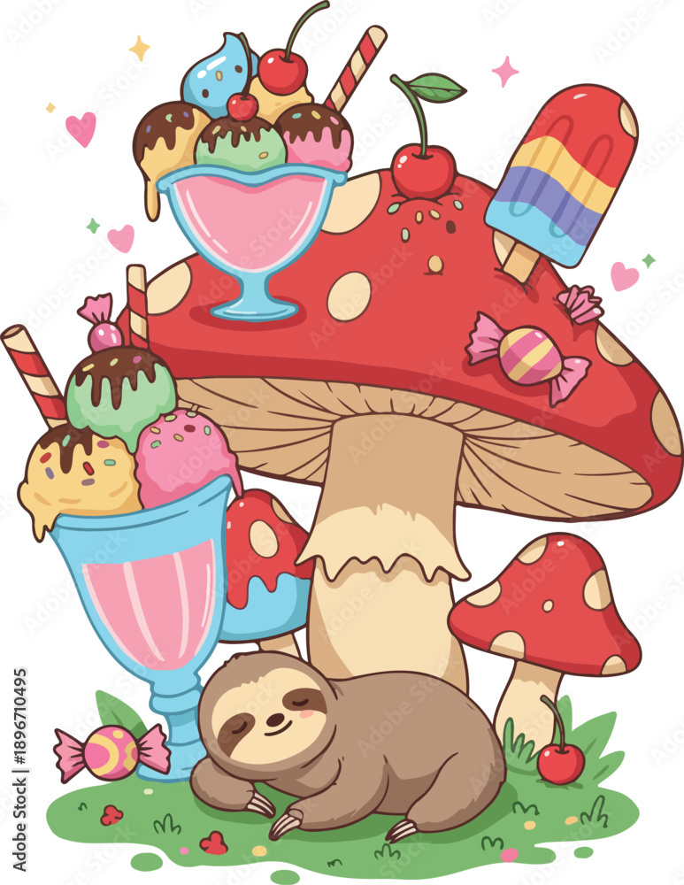 Fototapeta premium Cute Sloth Sleeping Near Ice Cream and Candy on Mushroom Forest Floor