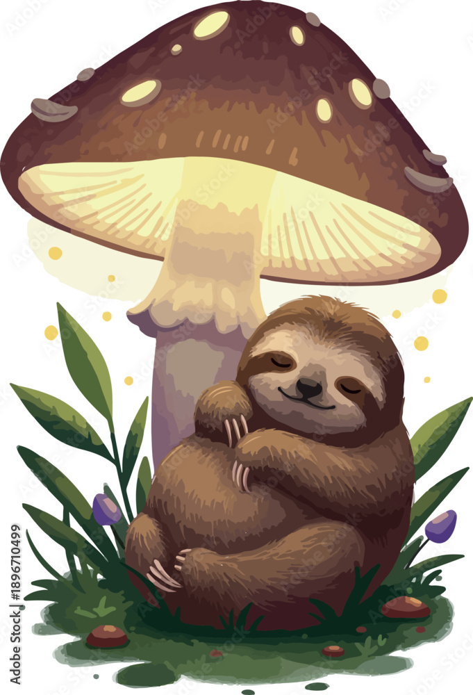 Naklejka premium Cute Sloth Sleeping Under Giant Mushroom Magical Forest Garden