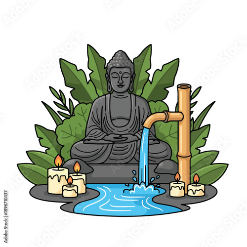 A serene buddha statue surrounded by lush greenery and candles