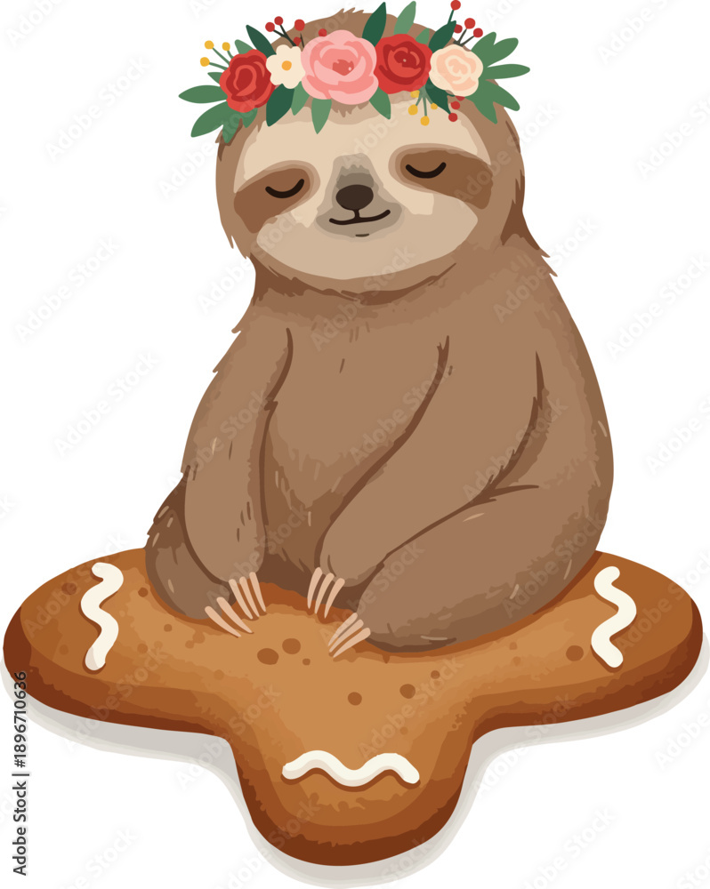 Fototapeta premium Cute Sloth with Flower Crown Sits on Gingerbread Cookie