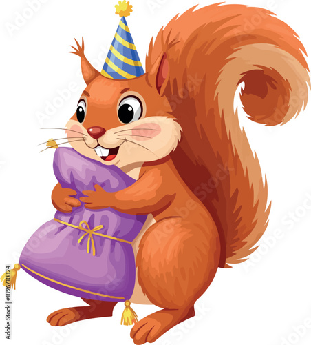 Cute Squirrel Wearing Party Hat Hugging Purple Pillow Illustration