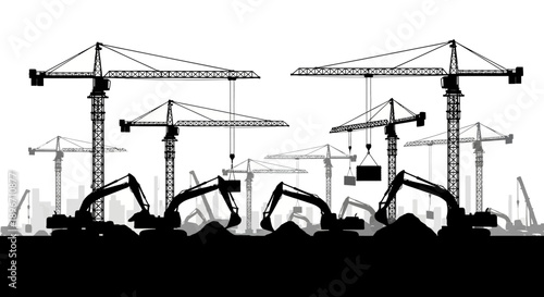 Heavy Construction Site Silhouette Vector. Tower Cranes and Excavators Working on City Building Development, Industrial Infrastructure Illustration.