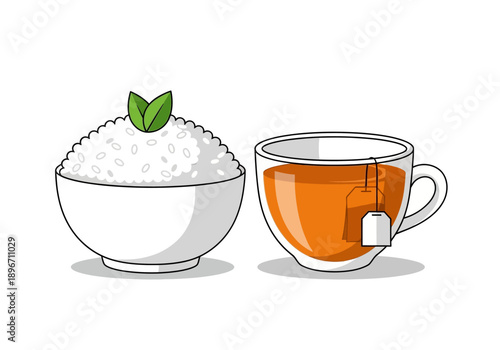 A bowl of white rice with green leaves beside a clear cup of orange tea