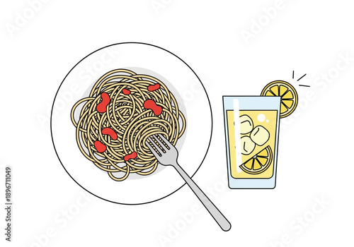 A plate of spaghetti with red sauce a fork and a glass of lemonade