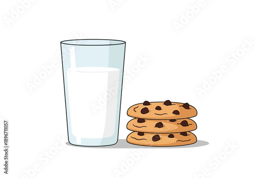 A tall glass of milk sits next to a stack of three chocolate chip cookies