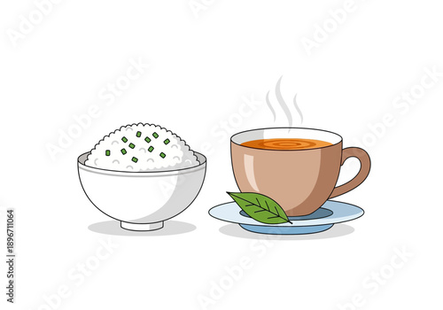 Bowl of white rice with scallions and a cup of steaming tea on a saucer