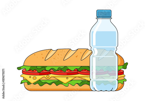 Cartoon depiction of a submarine sandwich next to a plastic water bottle