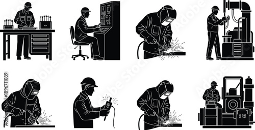 Industrial worker silhouettes performing welding, machining, and factory operations, black vector illustrations showing manufacturing processes, heavy 
