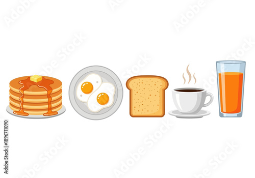 Five distinct breakfast items lined up horizontally on a white background