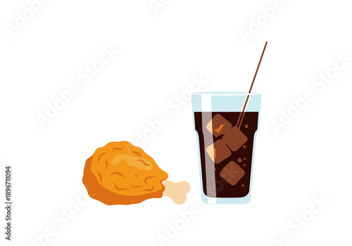 Fried chicken drumstick next to a glass of dark soda with ice and a straw