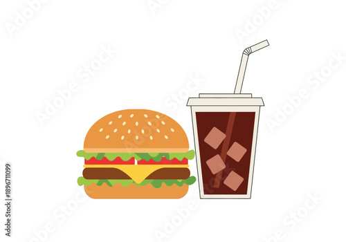 Flat icon illustration of a hamburger next to a soda cup with ice and straw