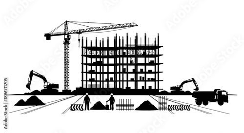 Construction Site Silhouette: High-Rise Building Frame, Tower Crane, Heavy Machinery, and Workers Vector Illustration.