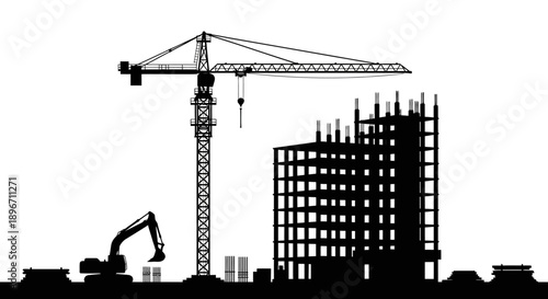 Construction Site Silhouette: Tower Crane, High-Rise Building Framework, and Excavator. Urban Development and Heavy Industry Vector Illustration.