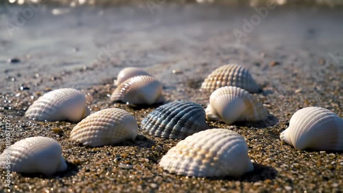 Seashells dot the sandy shore as a wave crashes nearby, shining in the sun