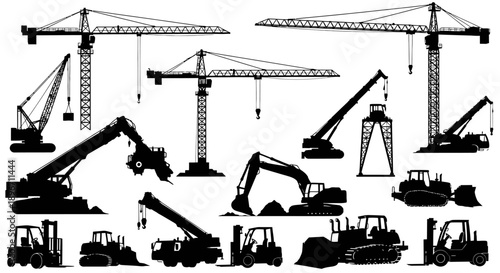 Construction Heavy Equipment Silhouettes Set: Cranes, Excavators, Dozers, and Forklifts. Industrial Machinery Vector Icons Collection.