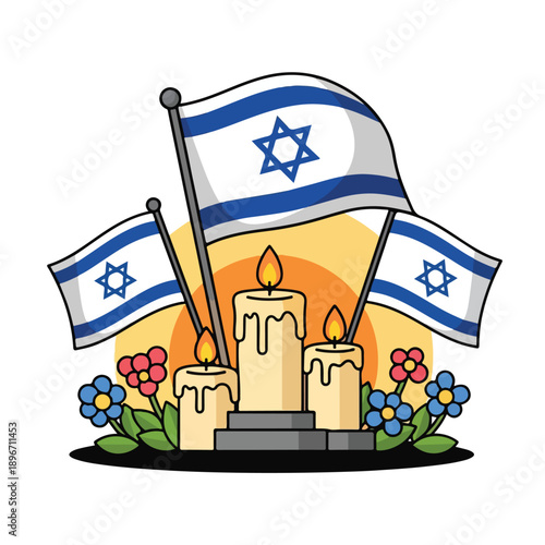 A serene memorial with Israeli flags and candles