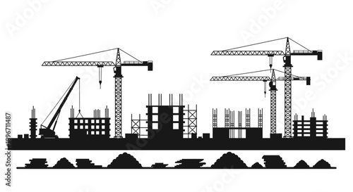 Black Silhouette of a Construction Site Skyline with Tower Cranes, Half-Built Structures, and Scaffolding. Urban Development and Progress Vector Illustration.